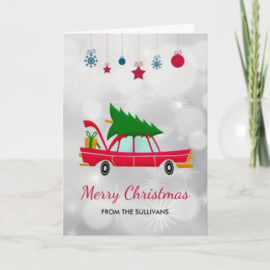 Retro Red Car met kerstboom Kaart (Voorkant)
