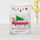 Retro Red Car met kerstboom Kaart (Gele Bloem)