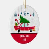 Retro Red Car met kerstboom Keramisch Ornament (Rechts)