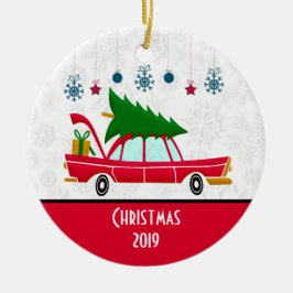 Retro Red Car met kerstboom Keramisch Ornament