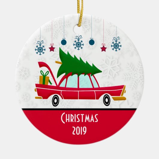 Retro Red Car met kerstboom Keramisch Ornament (Voorkant)