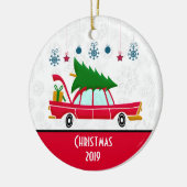 Retro Red Car met kerstboom Keramisch Ornament (Links)