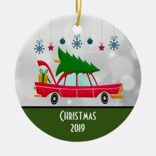 Retro Red Car met kerstboom Keramisch Ornament