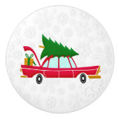 Retro Red Car met kerstboom Keramische Knop (Voorkant)