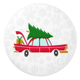 Retro Red Car met kerstboom Keramische Knop