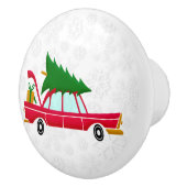 Retro Red Car met kerstboom Keramische Knop (Rechts)