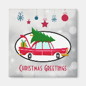 Retro Red Car met kerstboom Magneet (Voorkant)