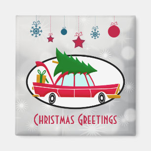 Retro Red Car met kerstboom Magneet