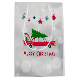 Retro Red Car met kerstboom Medium Cadeauzakje
