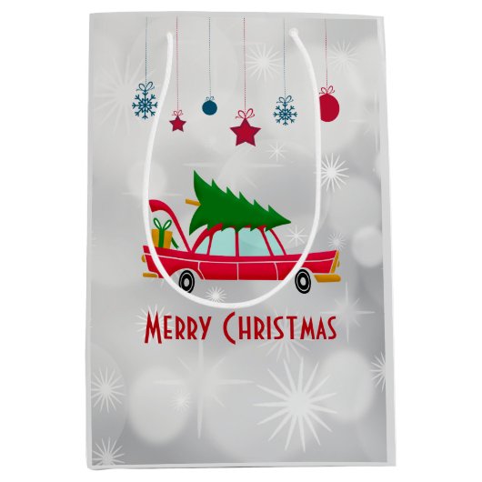Retro Red Car met kerstboom Medium Cadeauzakje (Voorkant)