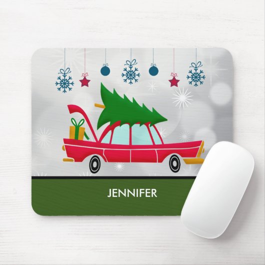 Retro Red Car met kerstboom Muismat (Met muis)
