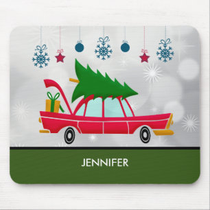 Retro Red Car met kerstboom Muismat