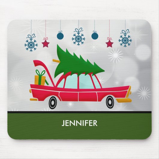 Retro Red Car met kerstboom Muismat (Voorkant)