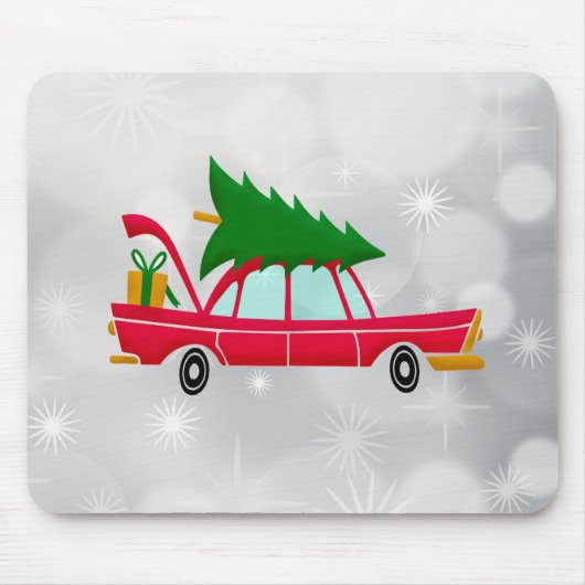 Retro Red Car met kerstboom Muismat (Voorkant)