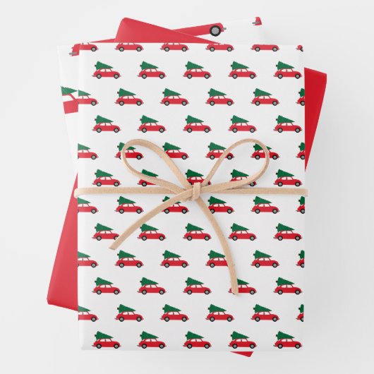 Retro Red Car met kerstboom op dak Inpakpapier Vel (In situ)