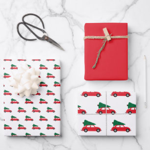 Retro Red Car met kerstboom op dak Inpakpapier Vel