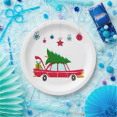 Retro Red Car met kerstboom Papieren Bordje (Feest)