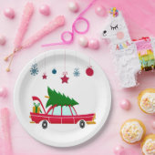 Retro Red Car met kerstboom Papieren Bordje (Feest)