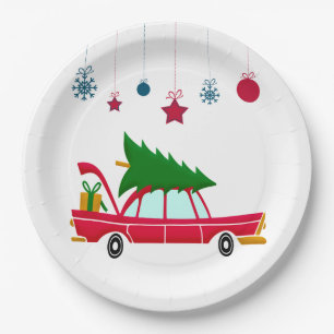 Retro Red Car met kerstboom Papieren Bordje