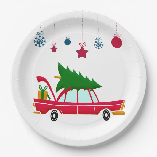 Retro Red Car met kerstboom Papieren Bordje (Voorkant)
