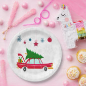 Retro Red Car met kerstboom Papieren Bordje (Feest)