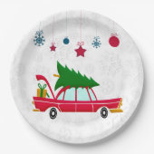 Retro Red Car met kerstboom Papieren Bordje (Voorkant)