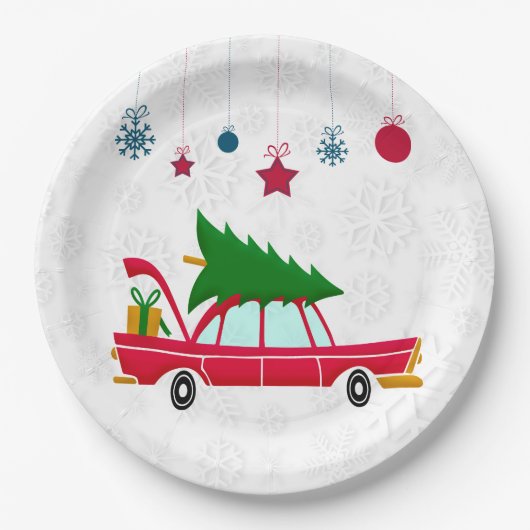 Retro Red Car met kerstboom Papieren Bordje (Voorkant)