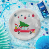 Retro Red Car met kerstboom Papieren Bordje (Feest)