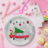 Retro Red Car met kerstboom Papieren Bordje (Feest)