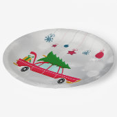 Retro Red Car met kerstboom Papieren Bordje (Gekanteld)
