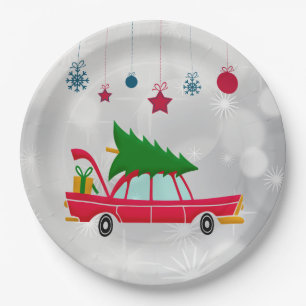 Retro Red Car met kerstboom Papieren Bordje