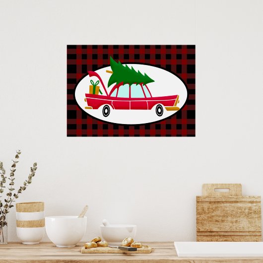 Retro Red Car met kerstboom Poster (Keuken)