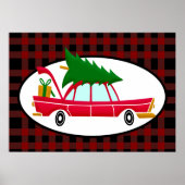 Retro Red Car met kerstboom Poster (Voorkant)