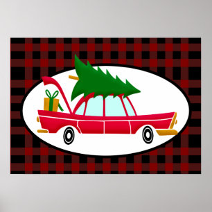 Retro Red Car met kerstboom Poster