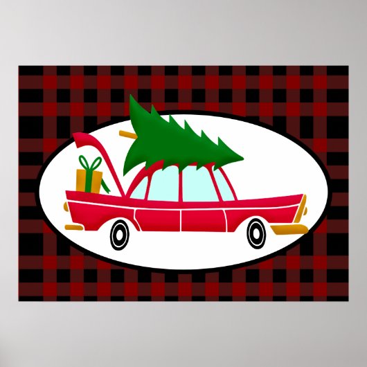 Retro Red Car met kerstboom Poster (Voorkant)