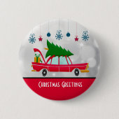 Retro Red Car met kerstboom Ronde Button 5,7 Cm (Voorkant)
