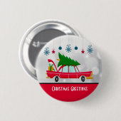 Retro Red Car met kerstboom Ronde Button 5,7 Cm (Voorkant /achterkant)