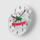Retro Red Car met kerstboom Ronde Klok (Hoek)