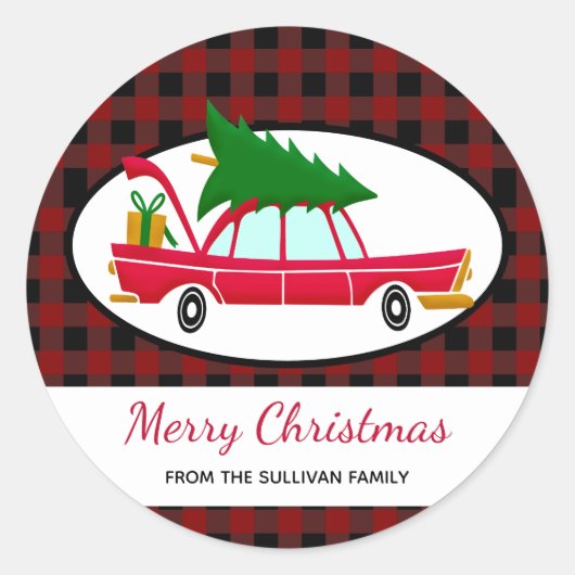 Retro Red Car met kerstboom Ronde Sticker (Voorkant)