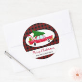 Retro Red Car met kerstboom Ronde Sticker (Envelop)
