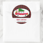 Retro Red Car met kerstboom Ronde Sticker (Tas)