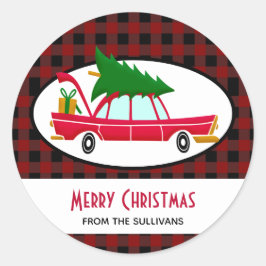 Retro Red Car met kerstboom Ronde Sticker