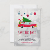Retro Red Car met kerstboom Save The Date (Voorkant)