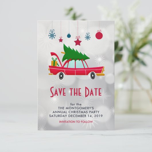 Retro Red Car met kerstboom Save The Date (Staand voorkant)