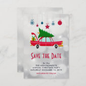 Retro Red Car met kerstboom Save The Date (Voorkant / Achterkant)