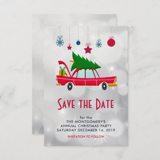 Retro Red Car met kerstboom Save The Date (Voorkant / Achterkant)