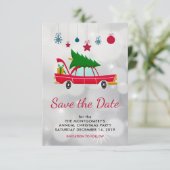 Retro Red Car met kerstboom Save The Date (Staand voorkant)