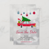 Retro Red Car met kerstboom Save The Date (Voorkant / Achterkant)