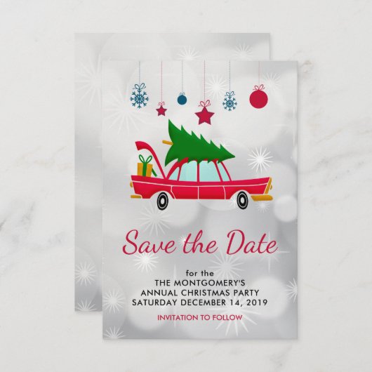 Retro Red Car met kerstboom Save The Date (Voorkant / Achterkant)
