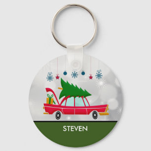 Retro Red Car met kerstboom Sleutelhanger